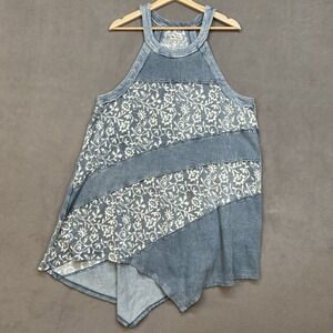 We The Free People Polly Tunic‎ Tank Dress Medium Blue Floral Flowy Cottagecore